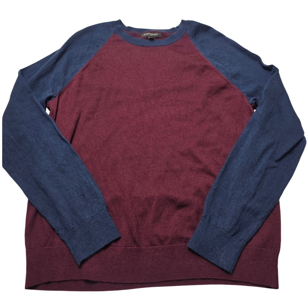 Banana Republic Mens Merino Wool Blend Raglan Sweater Large Burgundy Navy Blue